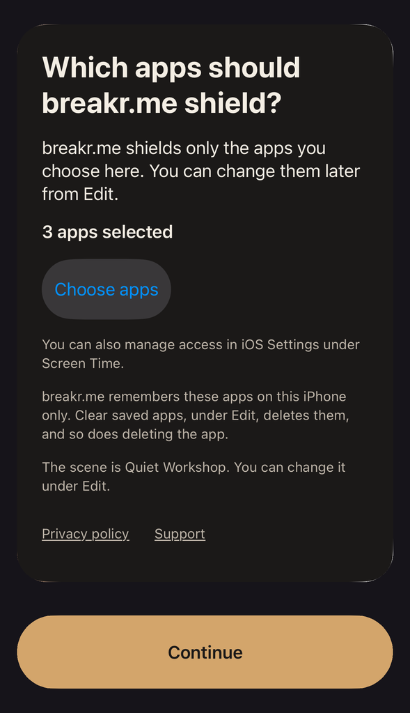 Second screen: Which apps should breakr.me shield? 3 apps selected.
